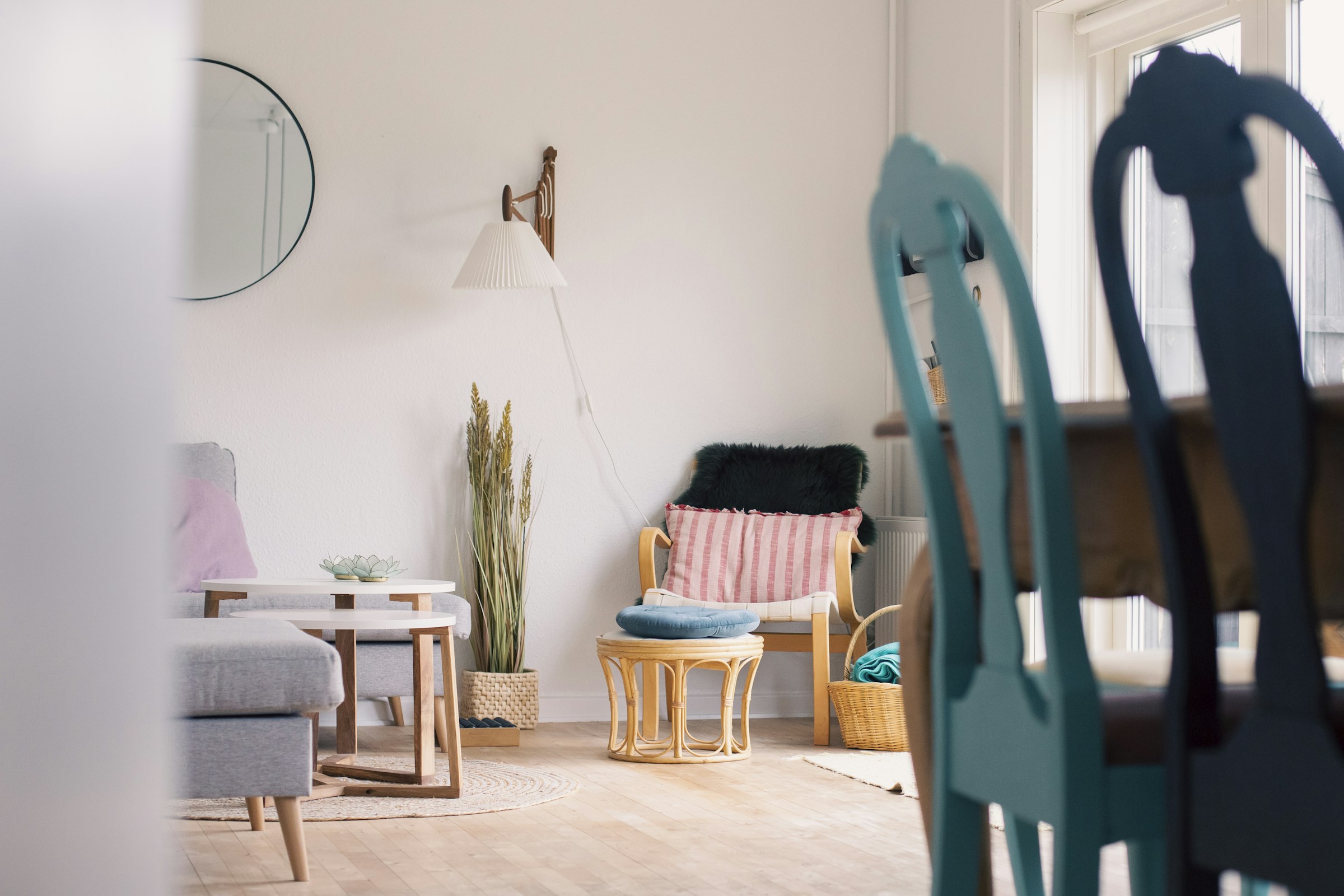 Natural timber flooring in a bright Danish living room