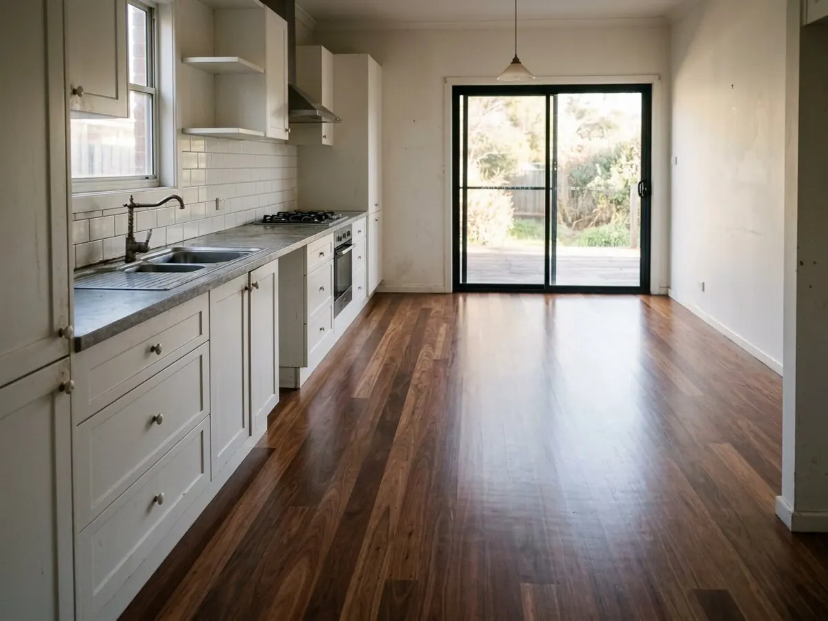 Kitchen and dining timber floor after sanding and polishing