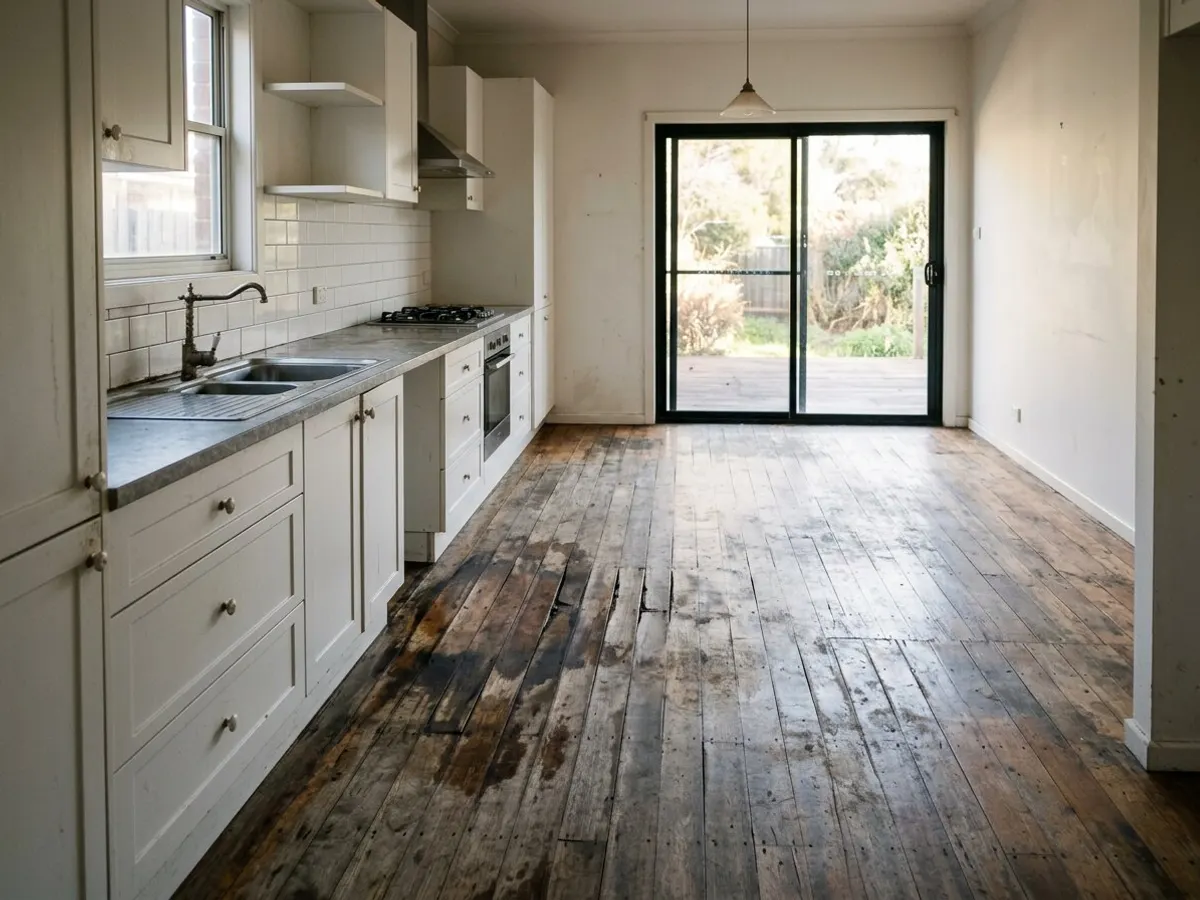 Kitchen and dining timber floor before sanding